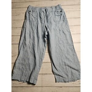 JM Collection Petite Blue 100% Linen Crop Drawstring Pants Size 10P Wide Leg